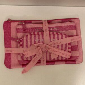 Victoria's Secret Set of 3 Pouches Pink Stripe Metallic New